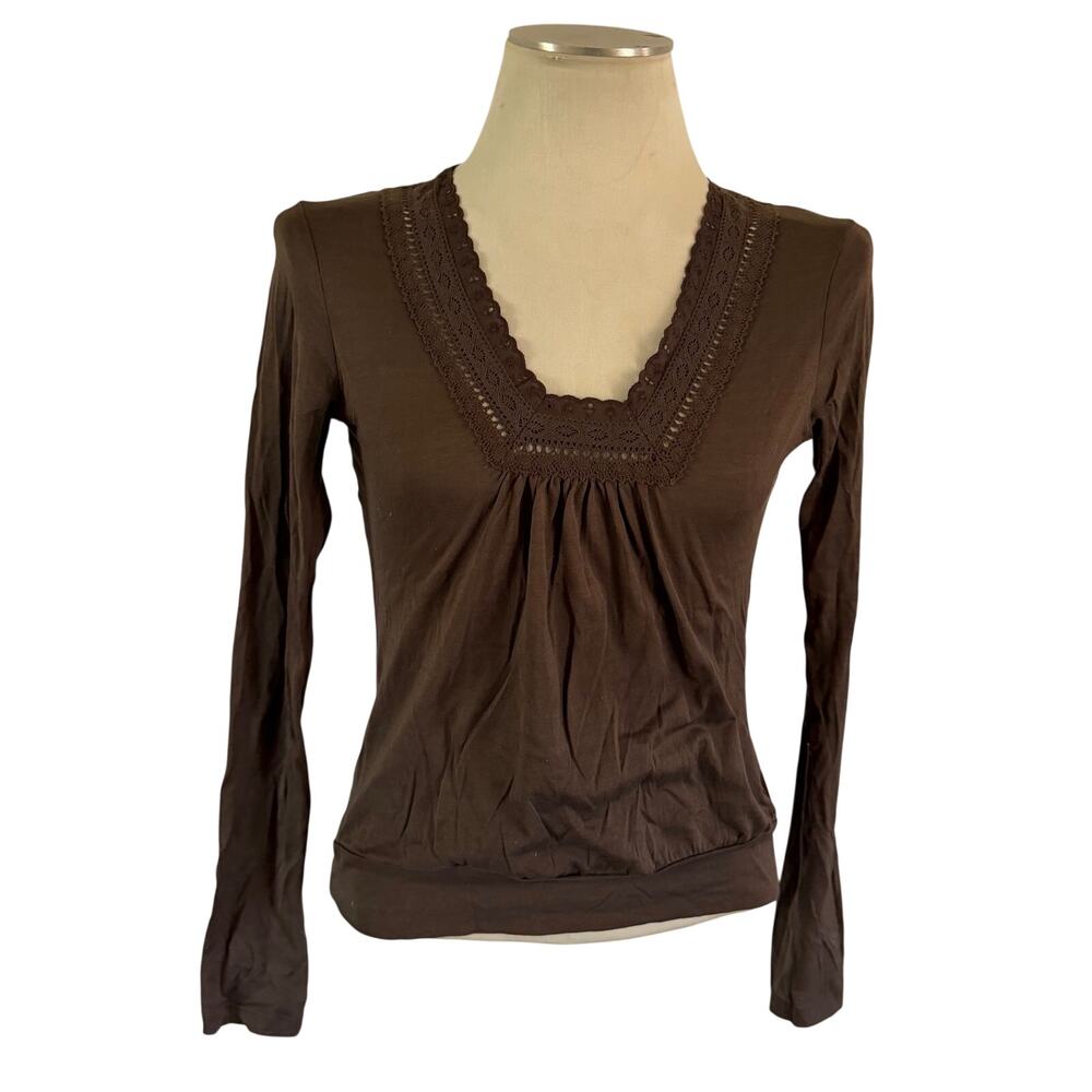 Y2K 2000s Brown Lace Trim Square Neck Blouse Sz 2 Forest Fairy 90s Grunge Skater